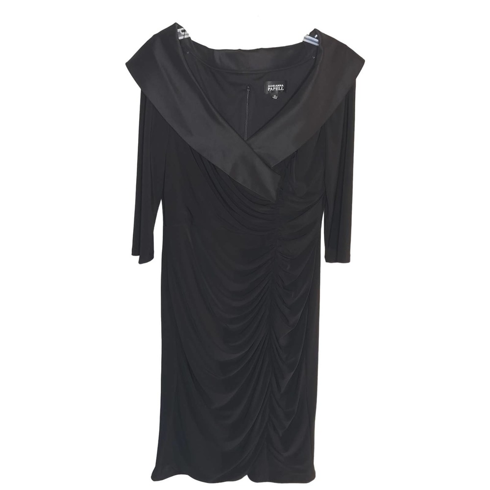 Adrianna Papell Black Satin Shawl Neck Ruched Wrap Dress Size 14